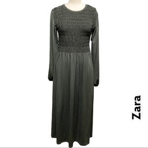 ZARA smocked top long sleeve black midi dress + size M
